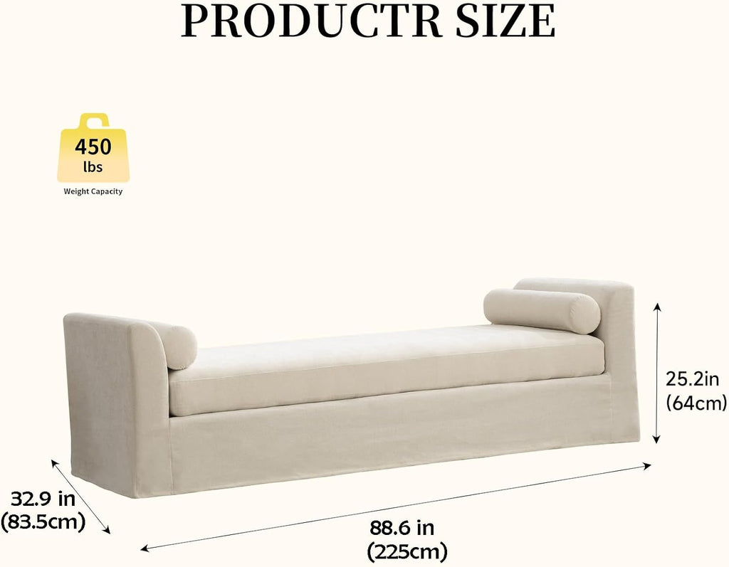 Beige Oversized Upholstered Chaise Lounge Bench
