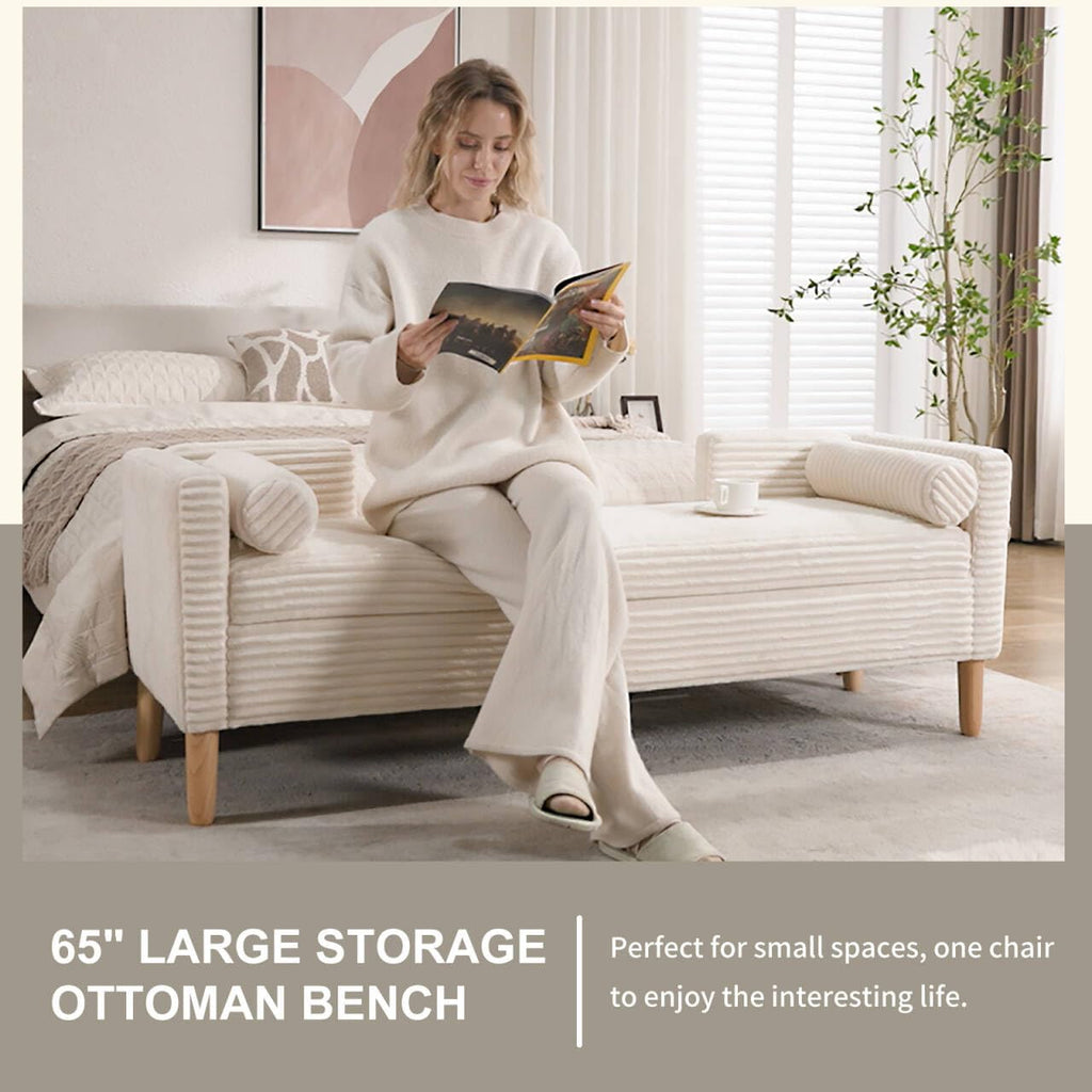 White Corduroy Storage Ottoman Bench With Pillows