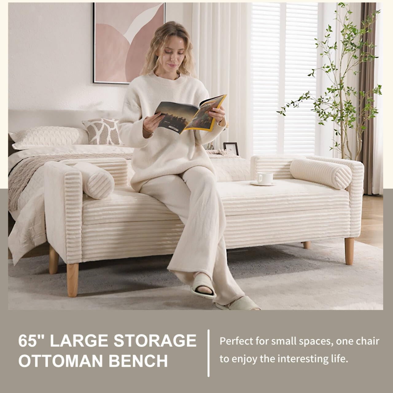 White Corduroy Storage Ottoman Bench With Pillows