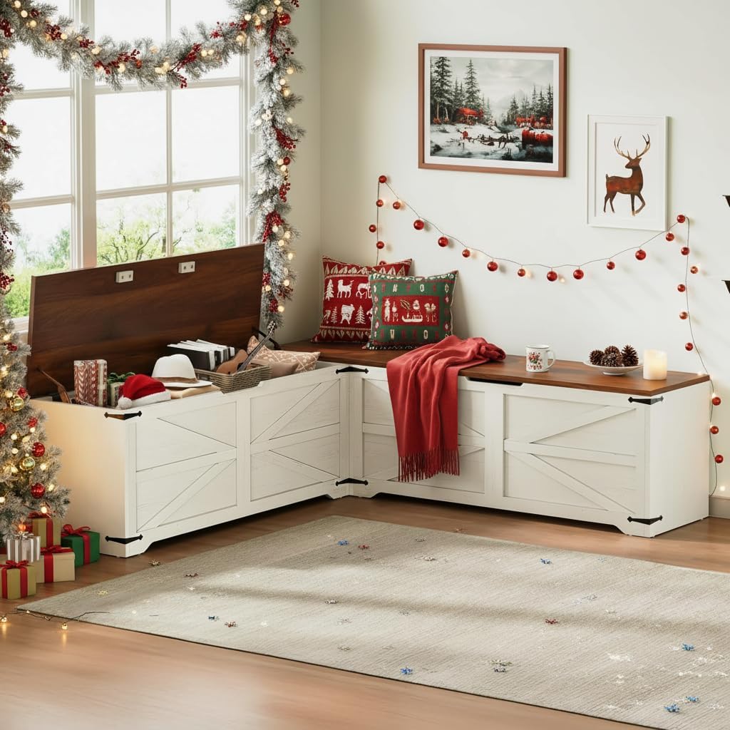 Wooden L Shaped Storage Nook Bench With Safety Hinges