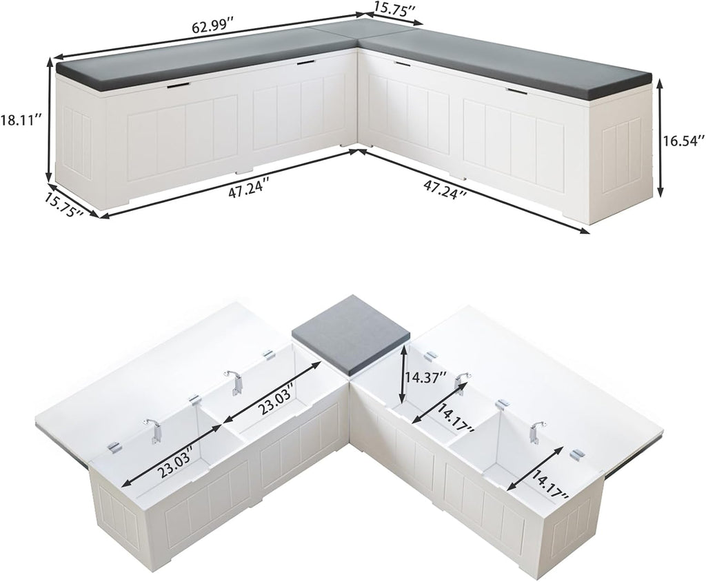 White Grey L Shaped Storage Bench With Cushion