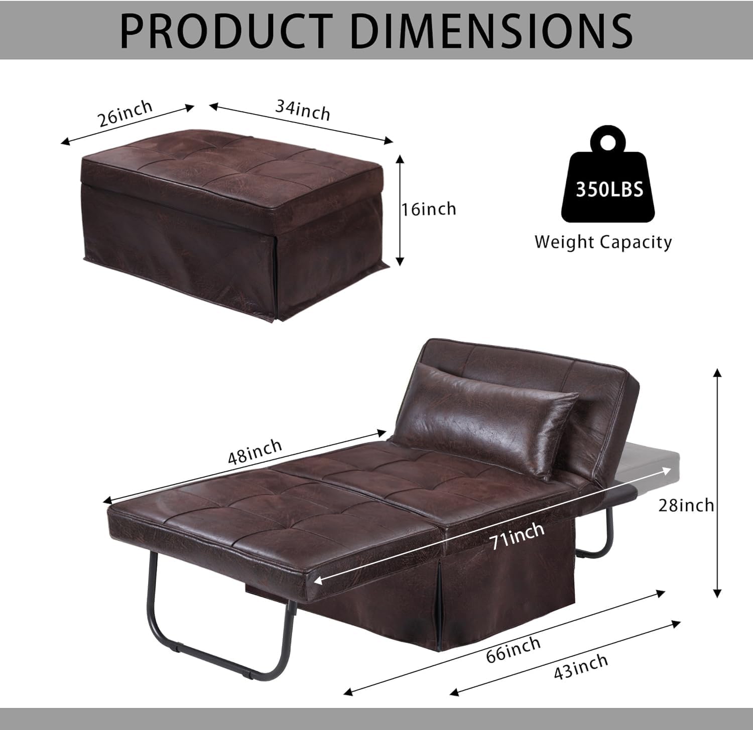Brown PU 4-in-1 Convertible Sofa Bed