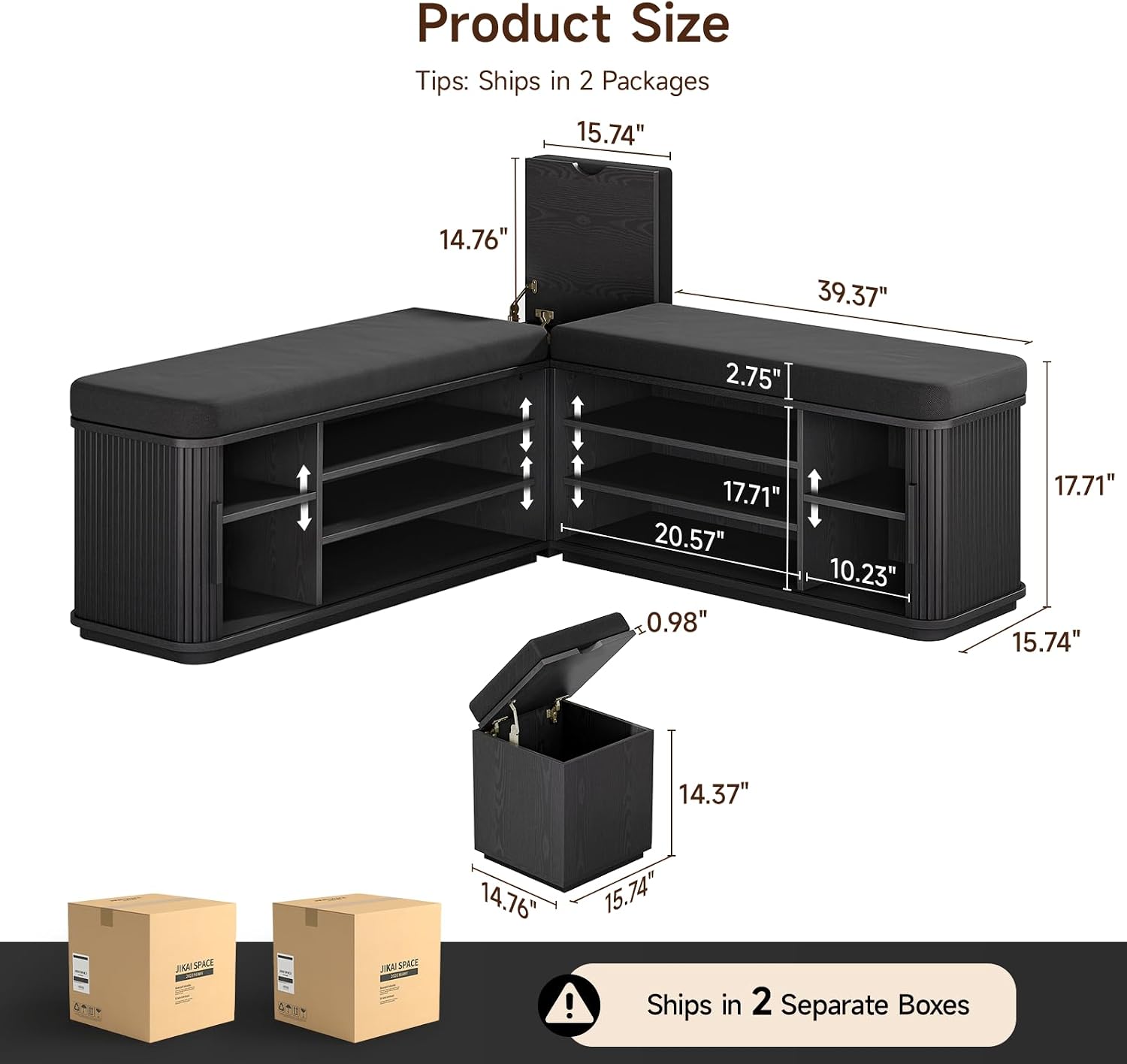 Black L Shaped Storage Nook Bench With Cushion