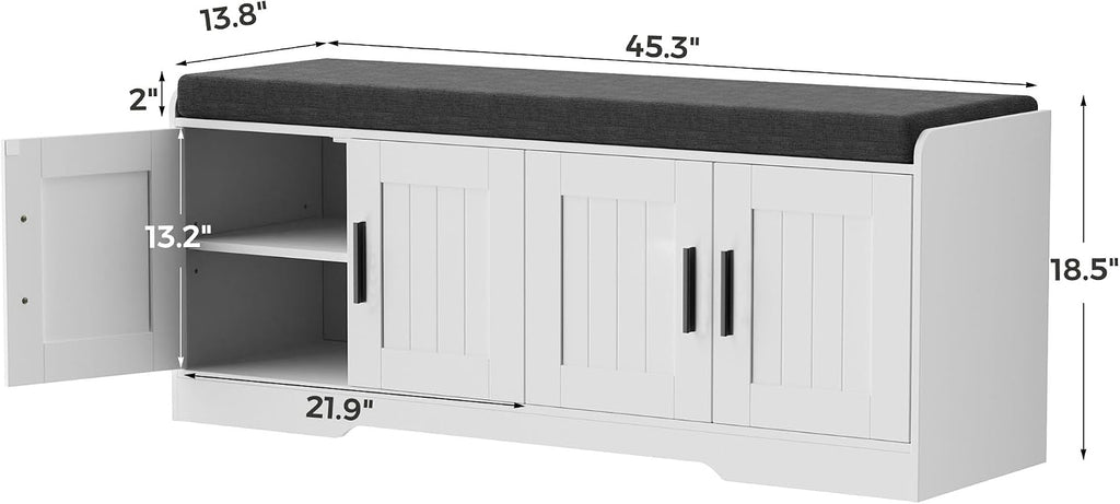 White Shoe Storage Bench With Padded Seat & 4 Doors