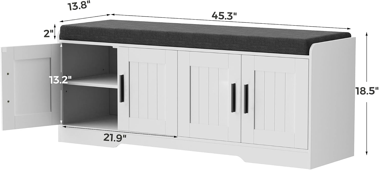 White Shoe Storage Bench With Padded Seat & 4 Doors