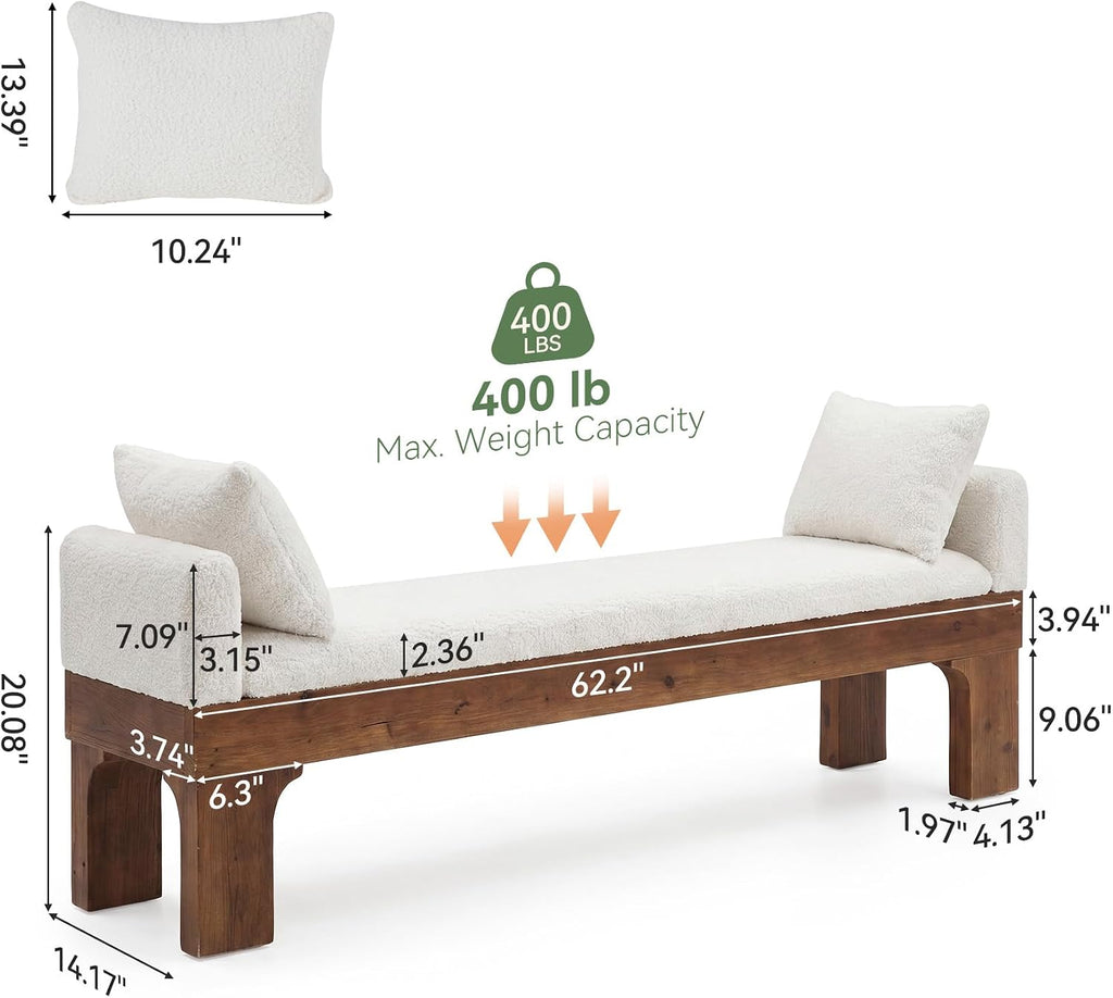 White Boucle Upholstered End of Bed Bench With Pillows