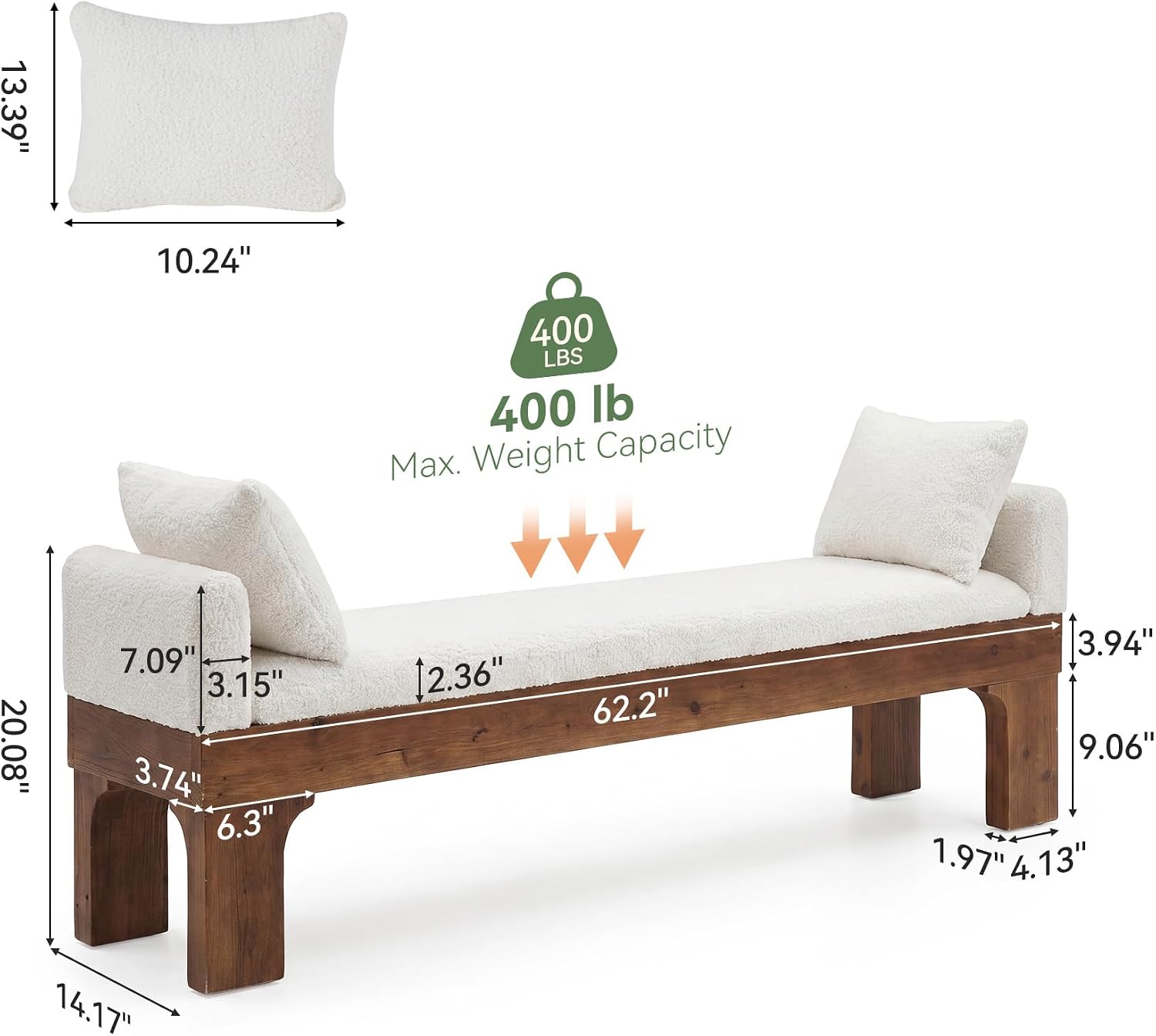 White Boucle Upholstered End of Bed Bench With Pillows