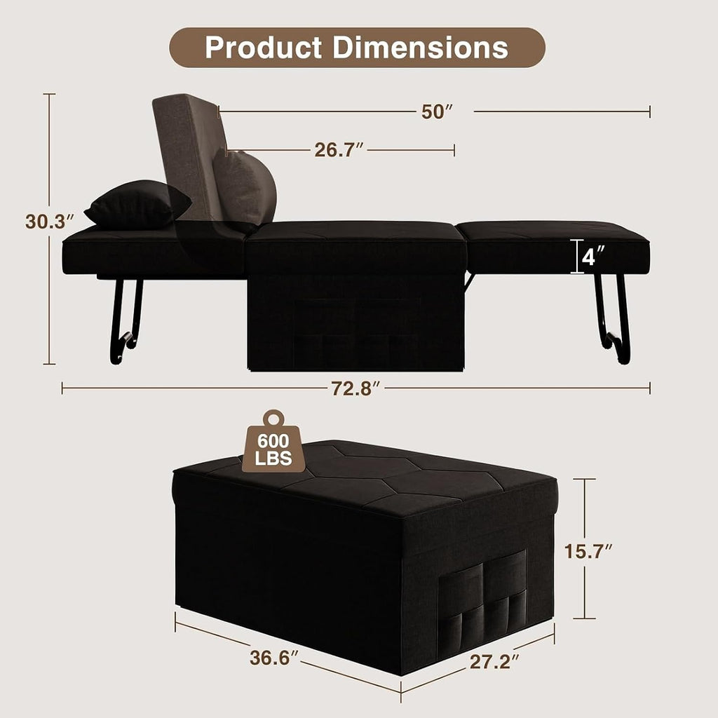 Black Linen 4-in-1 Sofa Bed Ottoman