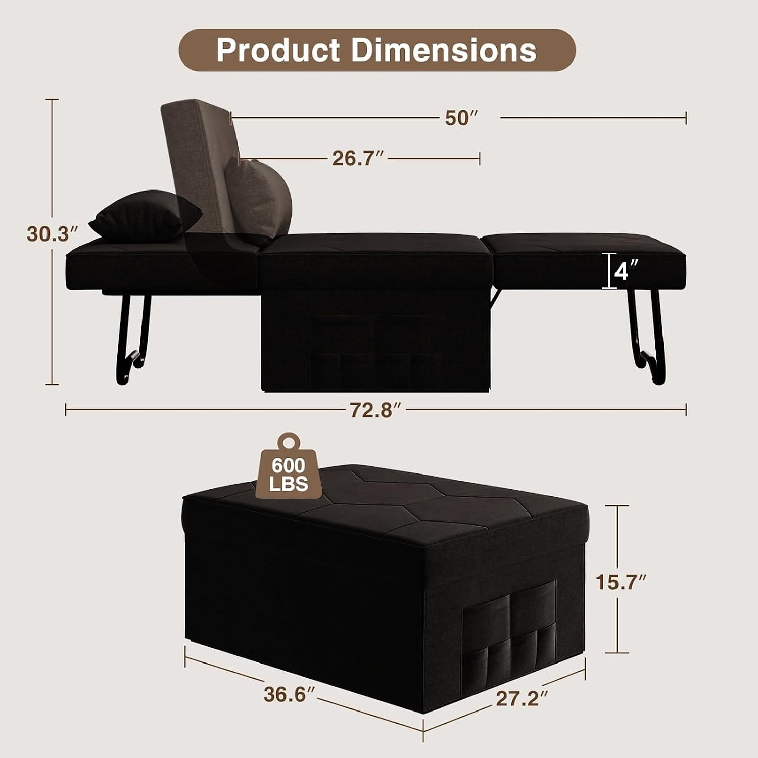 Black Linen 4-in-1 Sofa Bed Ottoman