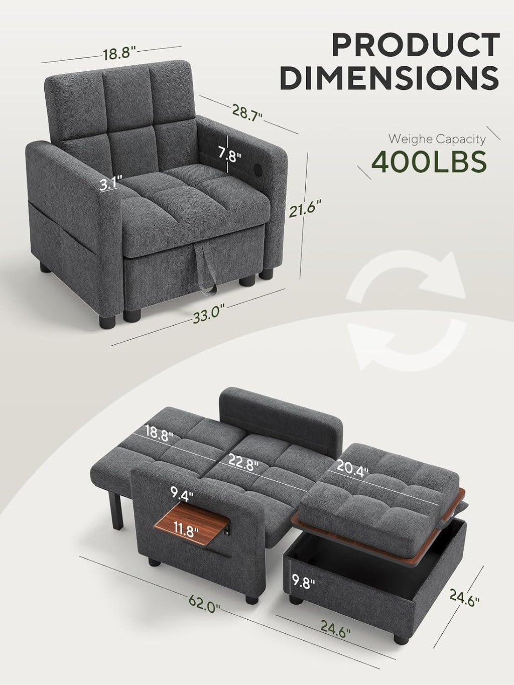 3-in-1 Storage Convertible Sleeper Chair