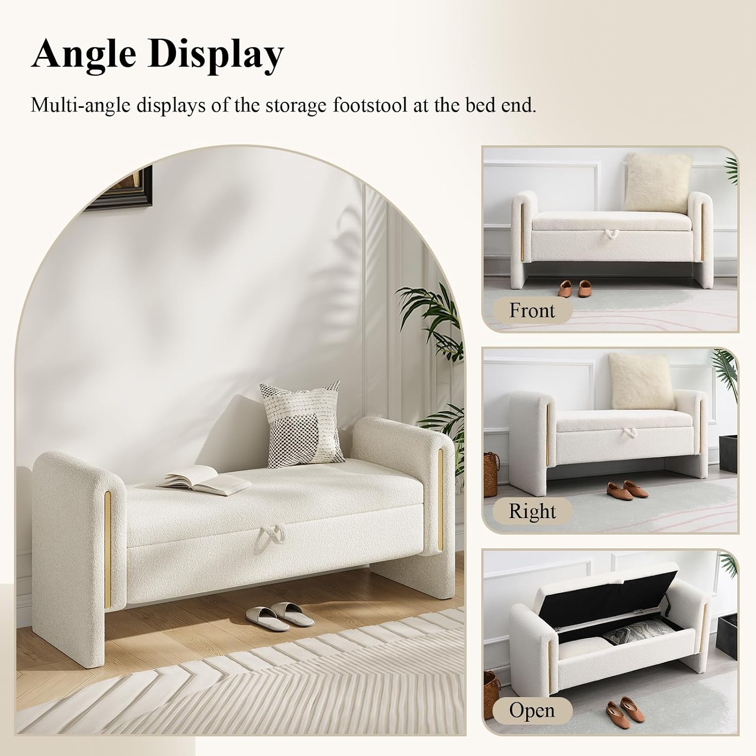 Cream Teddy Storage Ottoman Bench With Armrest