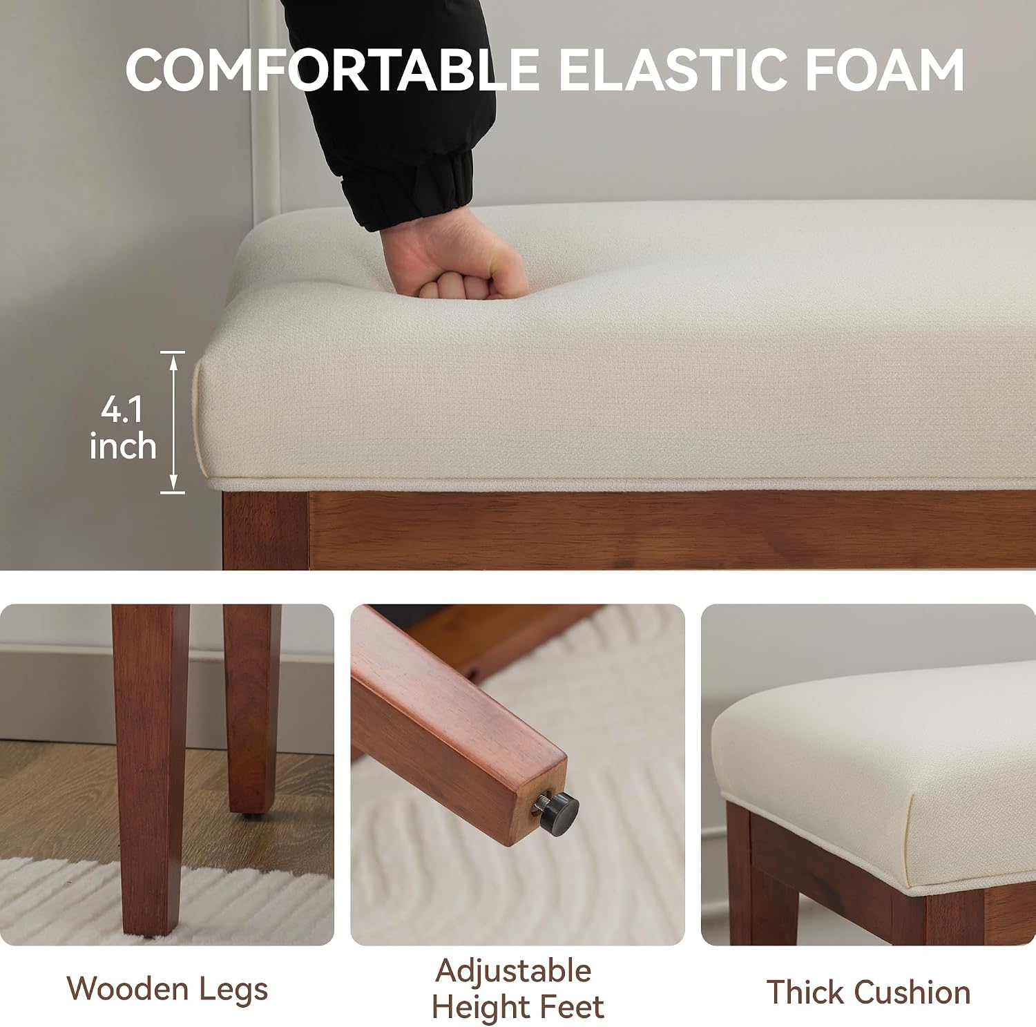 White Linen Upholstered Bench With Wood Legs
