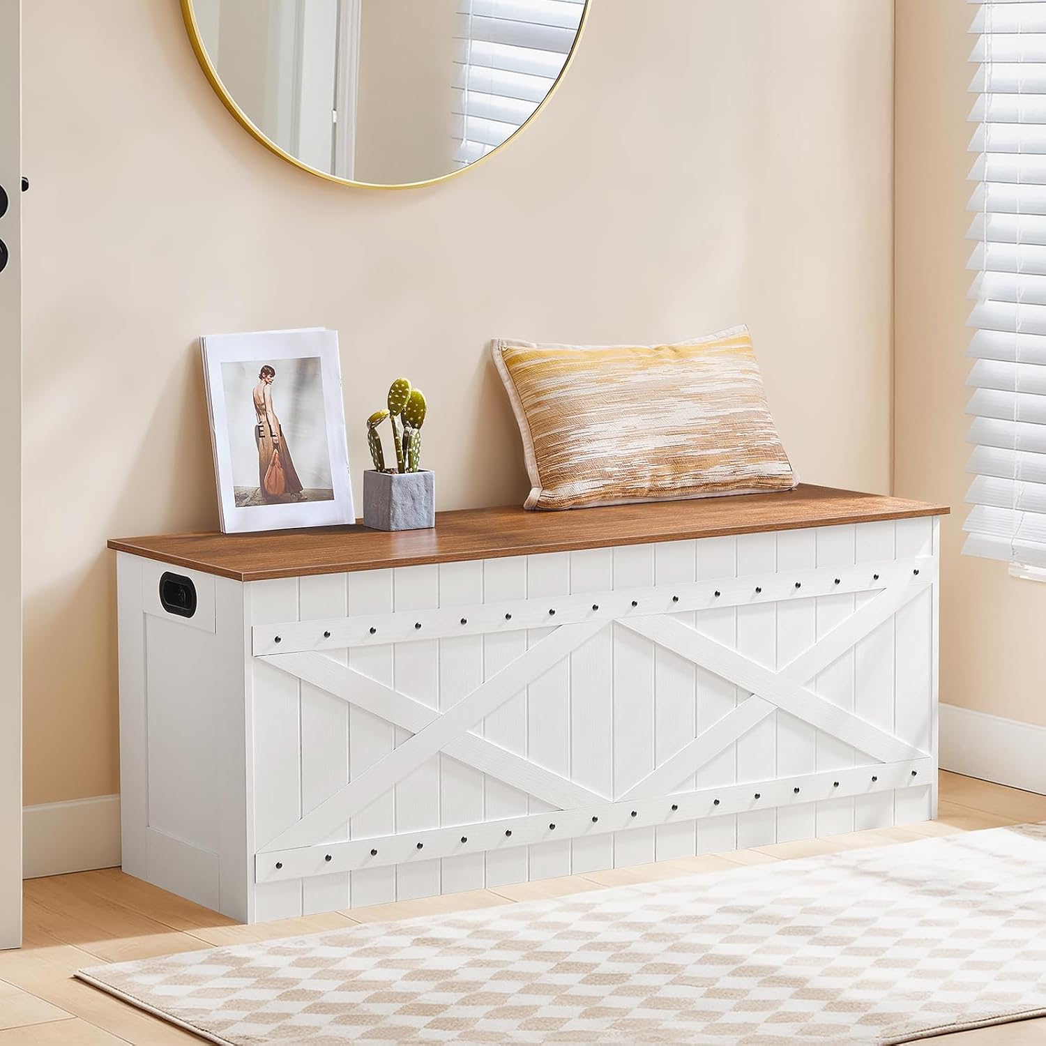 White Brown Riveted Wooden Storage Toy Chest Bench