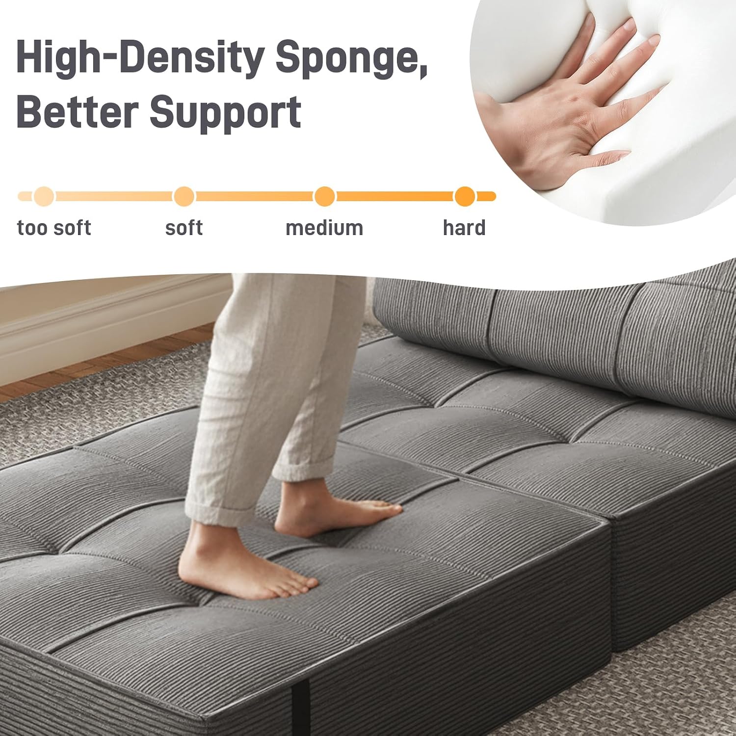 Gray Corduroy 3-in-1 Sofa Bed Ottoman