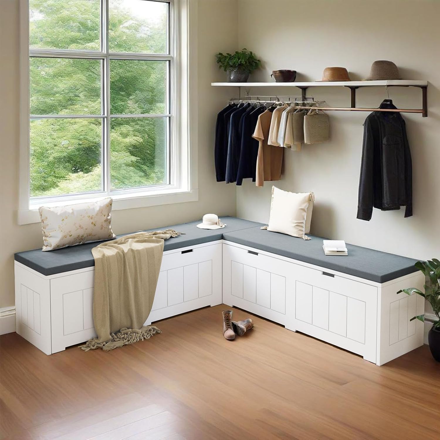 White Grey L Shaped Storage Bench With Cushion