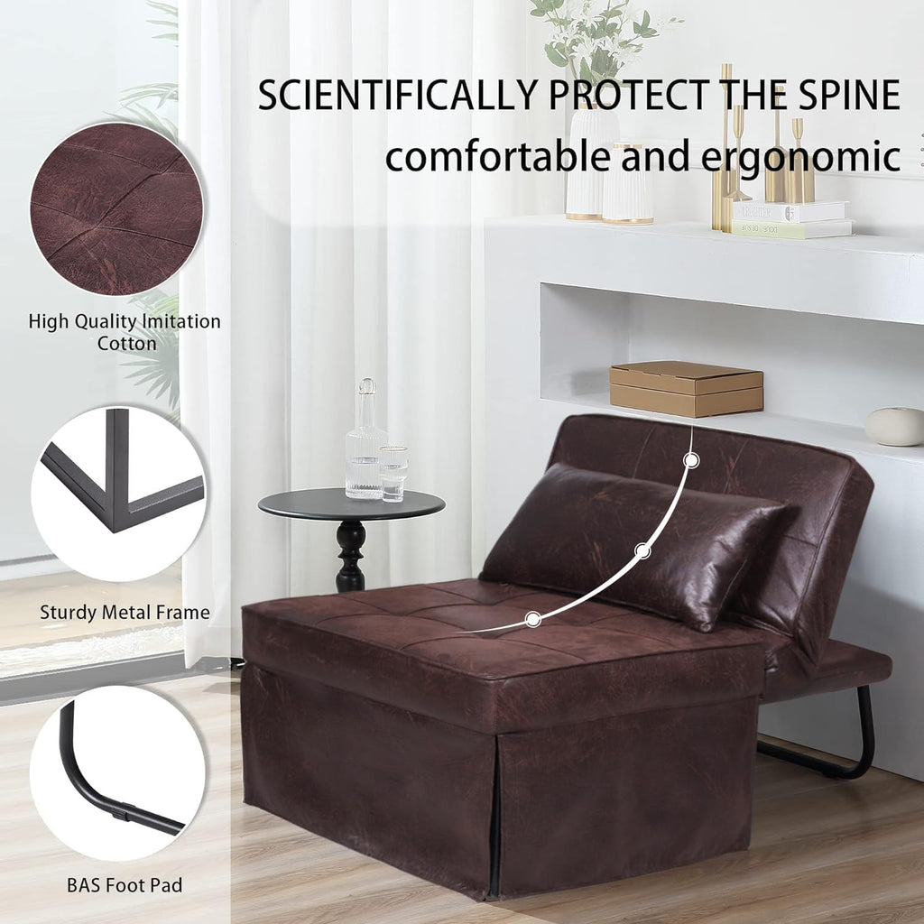 Brown PU 4-in-1 Convertible Sofa Bed