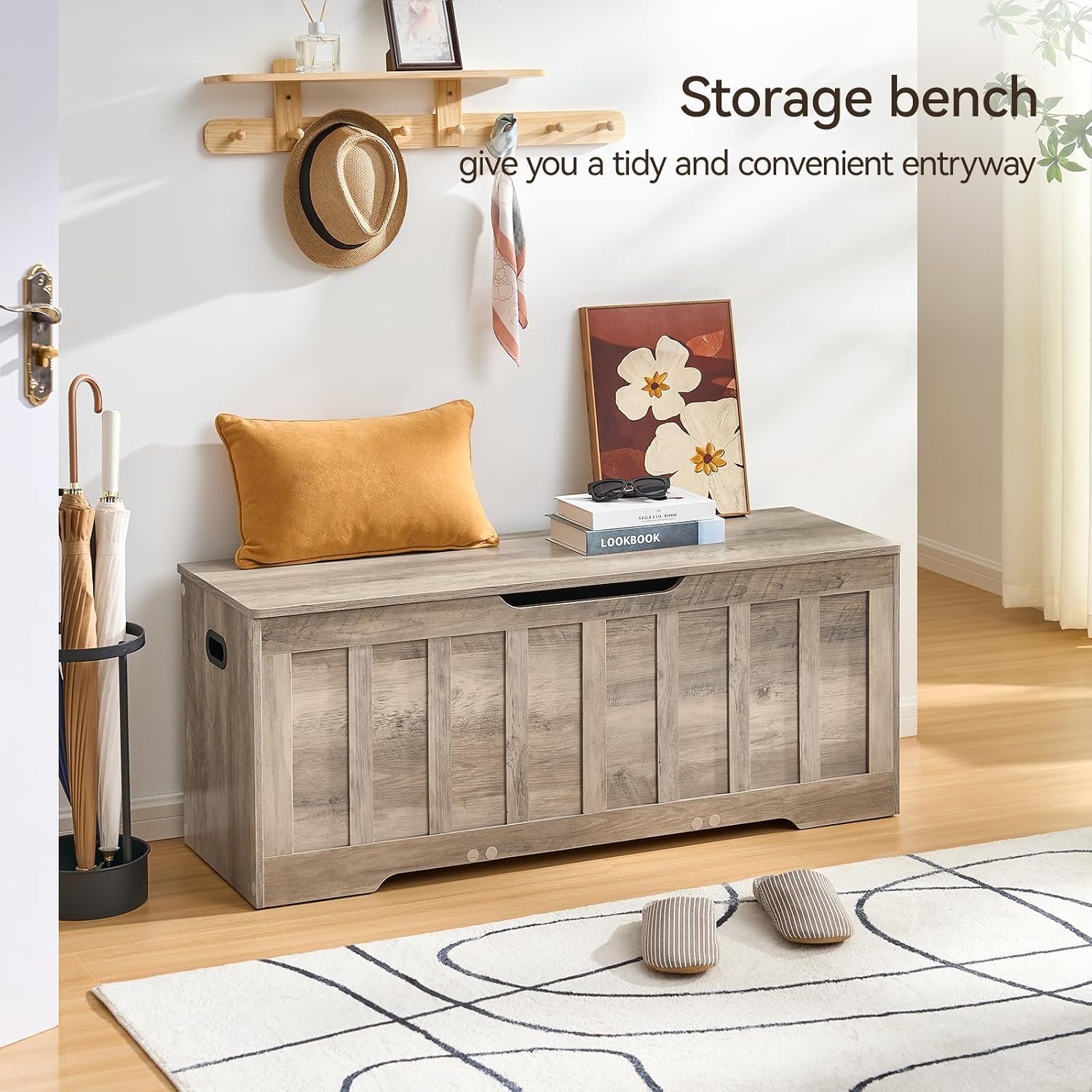 Greige Large Wooden Storage Chest Bench