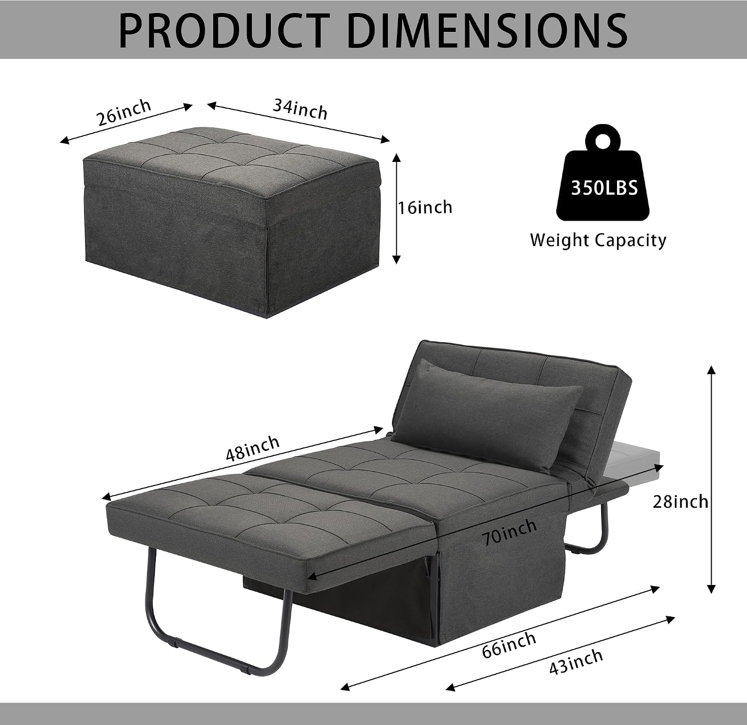 Dark Grey Linen 4-in-1 Sofa Bed Ottoman