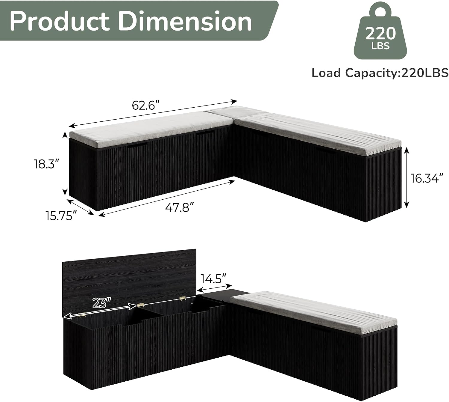 Black L Shaped Cushioned Storage Nook Bench
