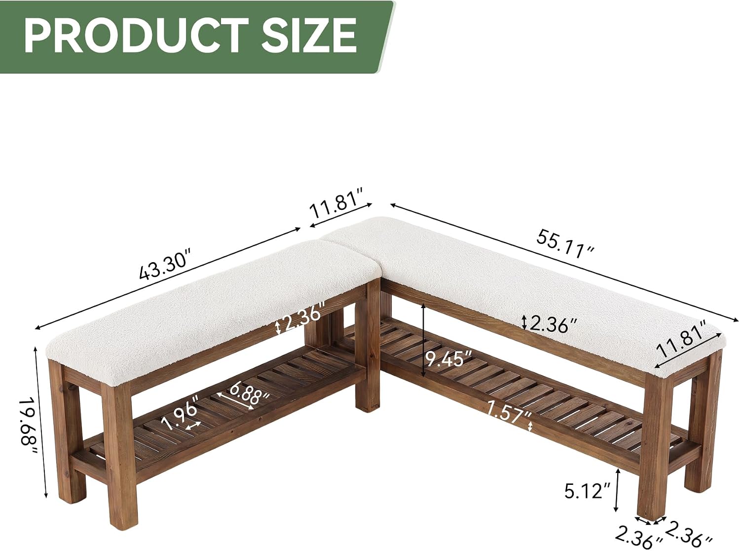 White Brown Solid Wood L Shaped Storage Bench Set