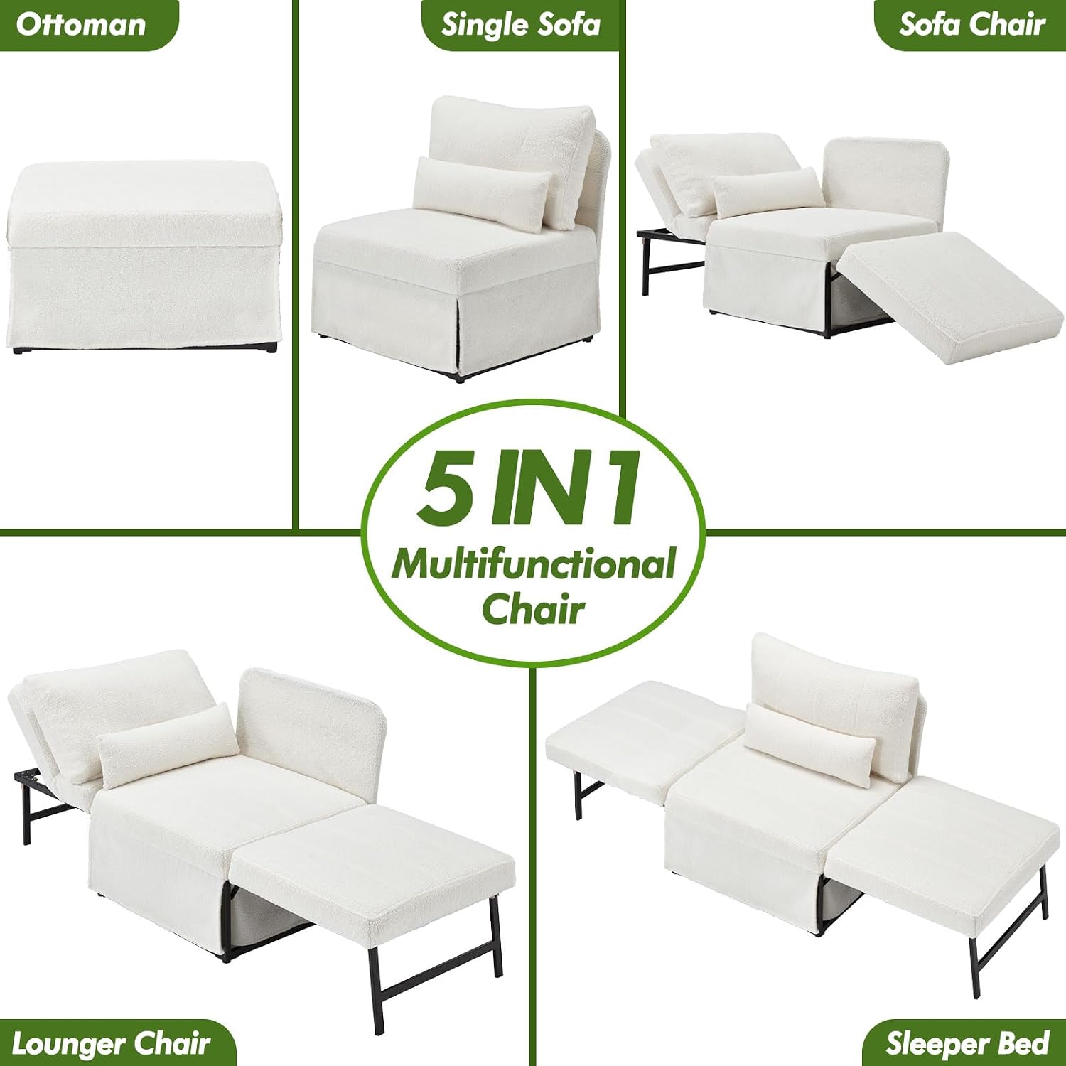 White Linen 5-in-1 Convertible Sofa Bed