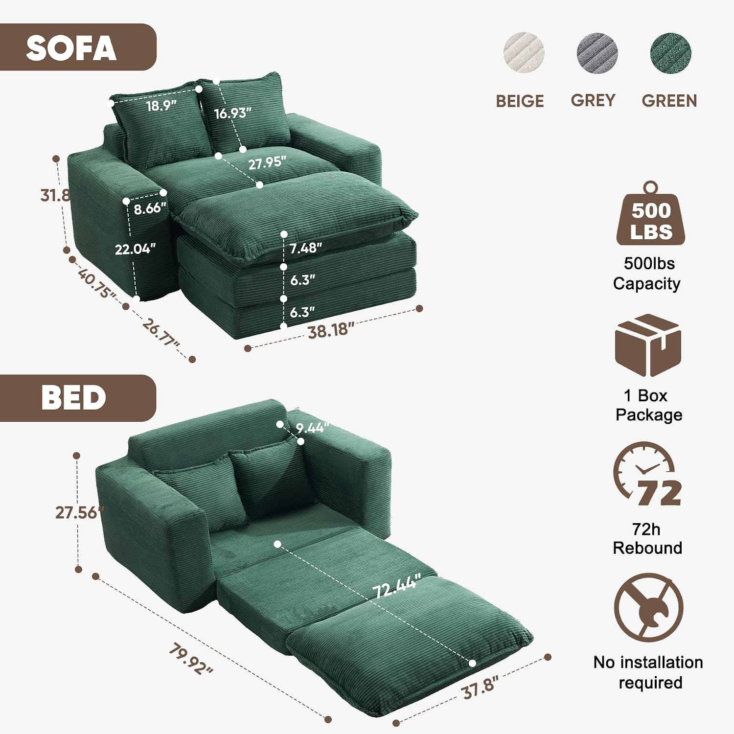Green Corduroy 3-in-1 Sofa Bed Ottoman