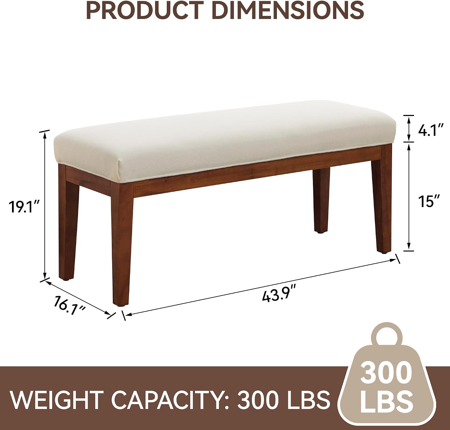 White Linen Upholstered Bench With Wood Legs