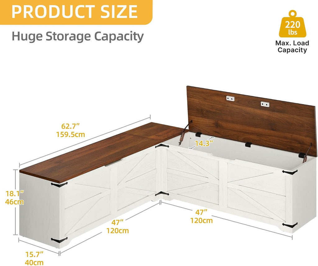 Wooden L Shaped Storage Nook Bench With Safety Hinges