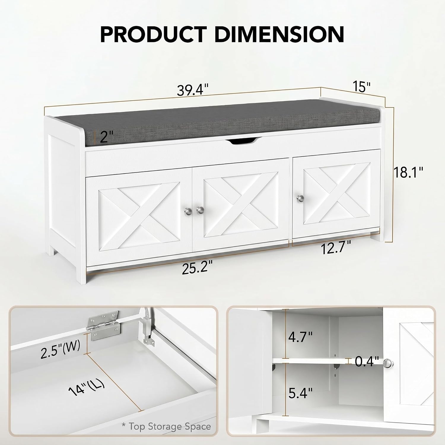 White Farmhouse Shoe Storage Bench With Cushion