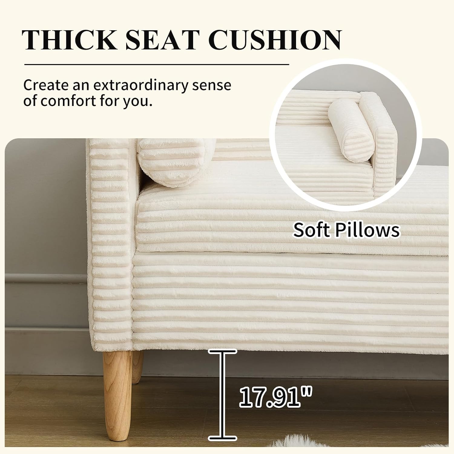 White Corduroy Storage Ottoman Bench With Pillows