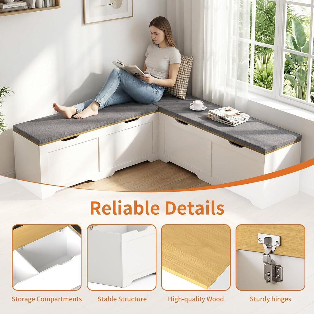 White Grey L Shaped Cushioned Storage Breakfast Nook Bench