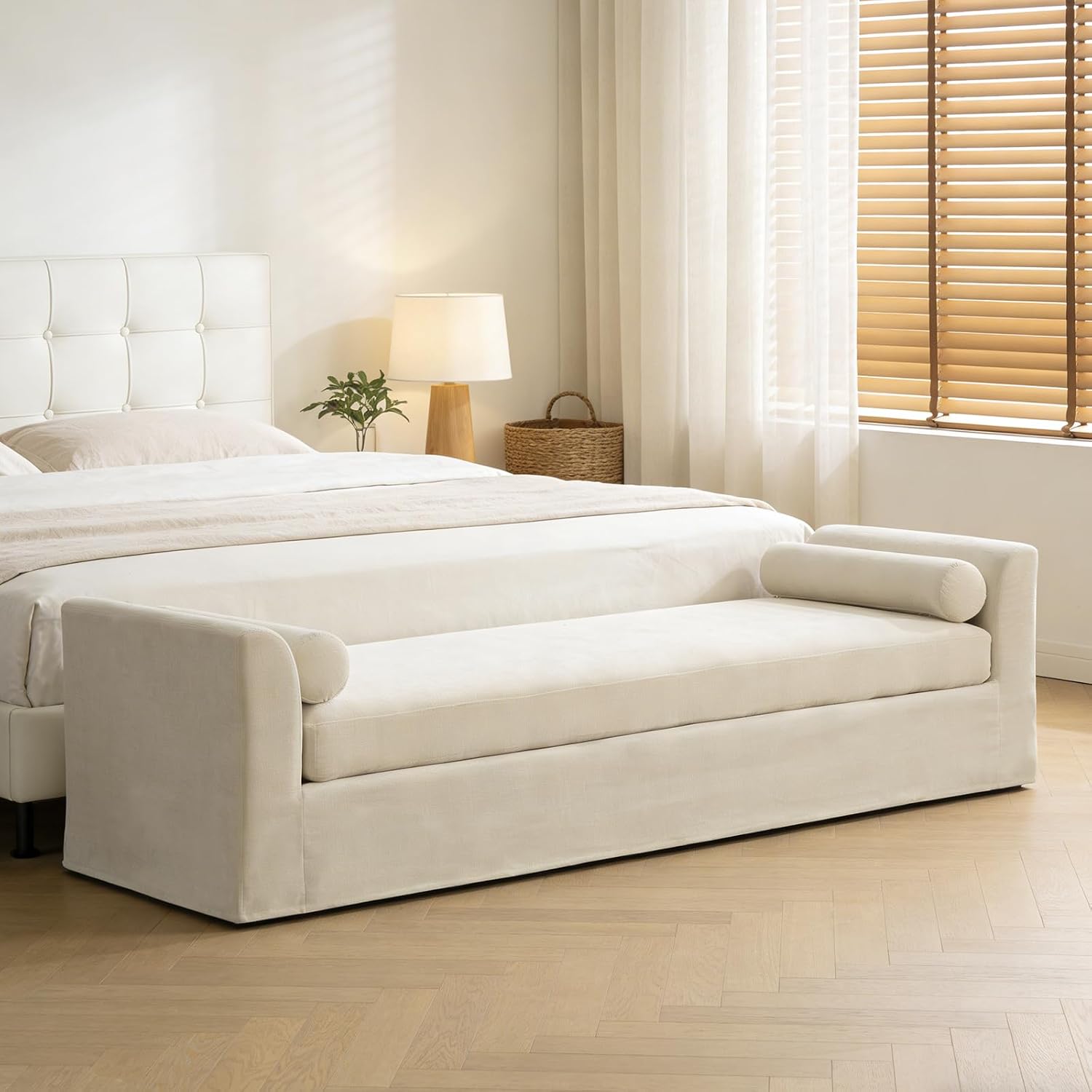 Beige Oversized Upholstered Chaise Lounge Bench