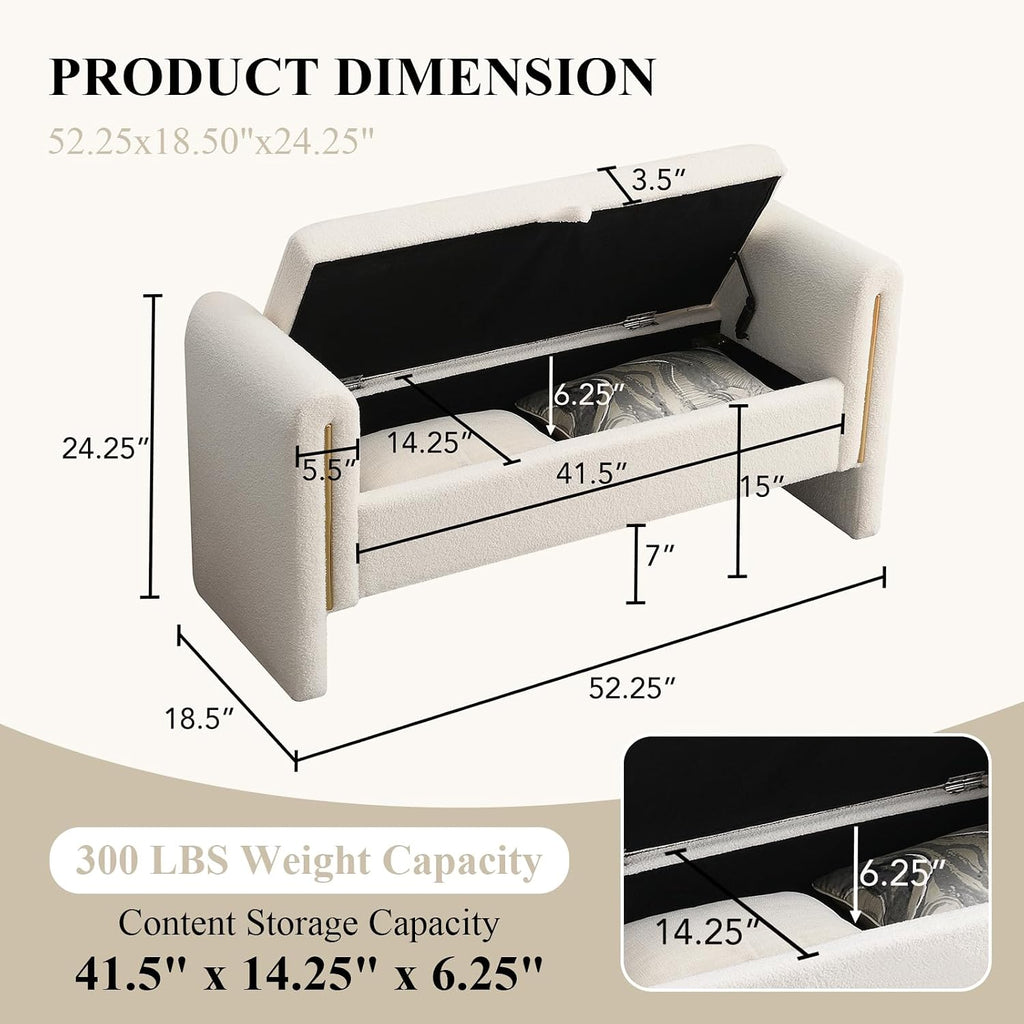Cream Teddy Storage Ottoman Bench With Armrest