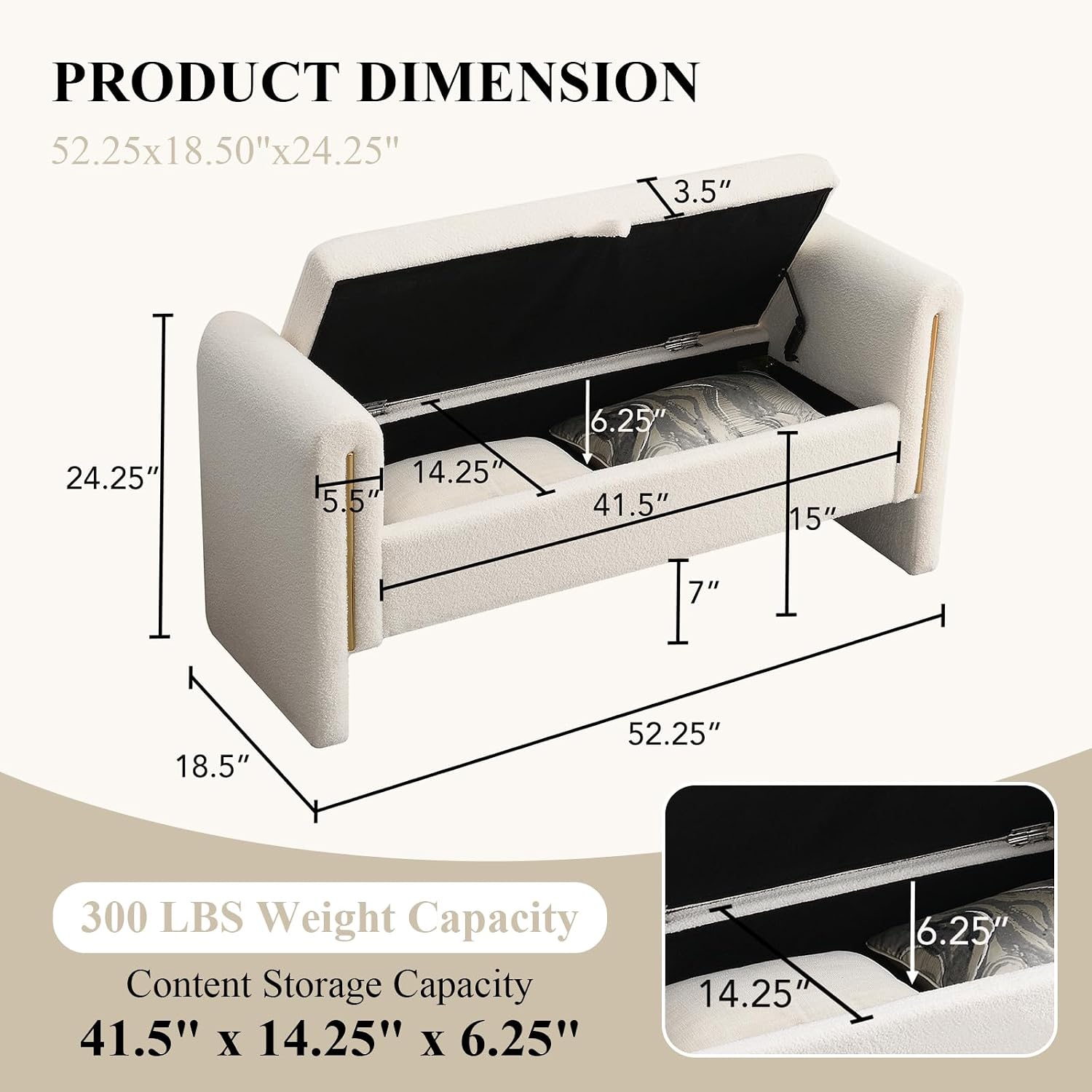 Cream Teddy Storage Ottoman Bench With Armrest