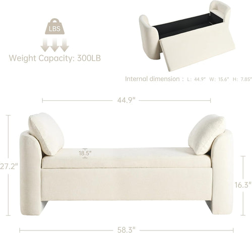 Beige Upholstered Storage Ottoman Bench With Pillows