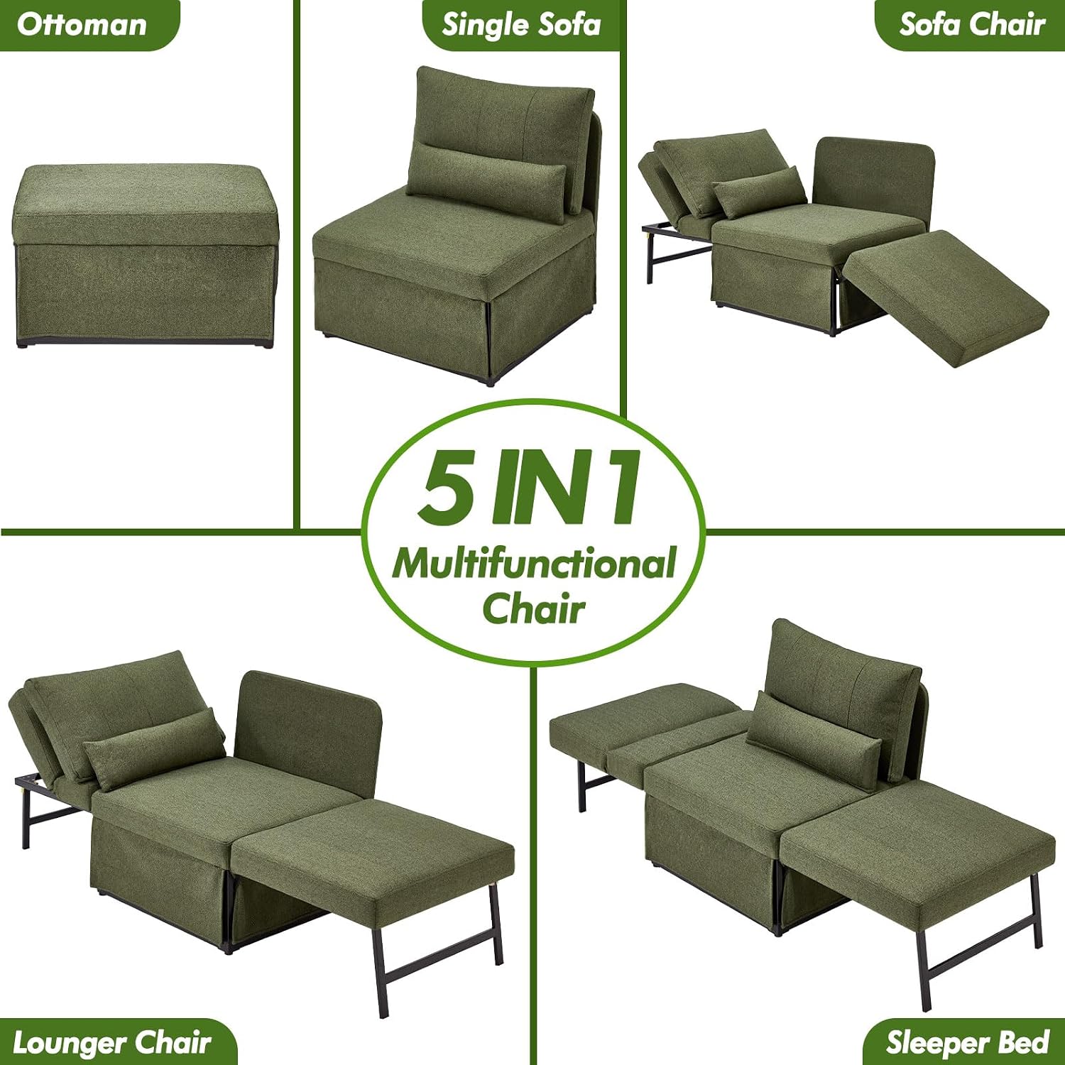 Deep Green 5-in-1 Linen Sofa Bed