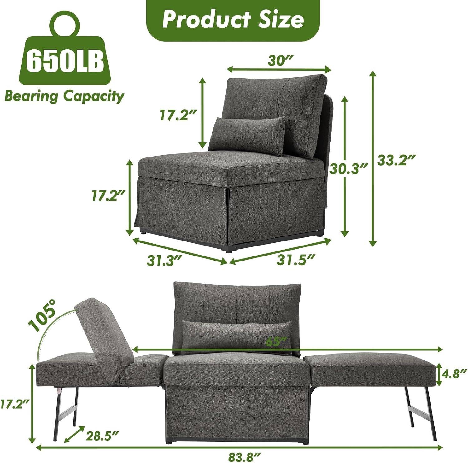 Dark Grey Linen 5-in-1 Sofa Bed