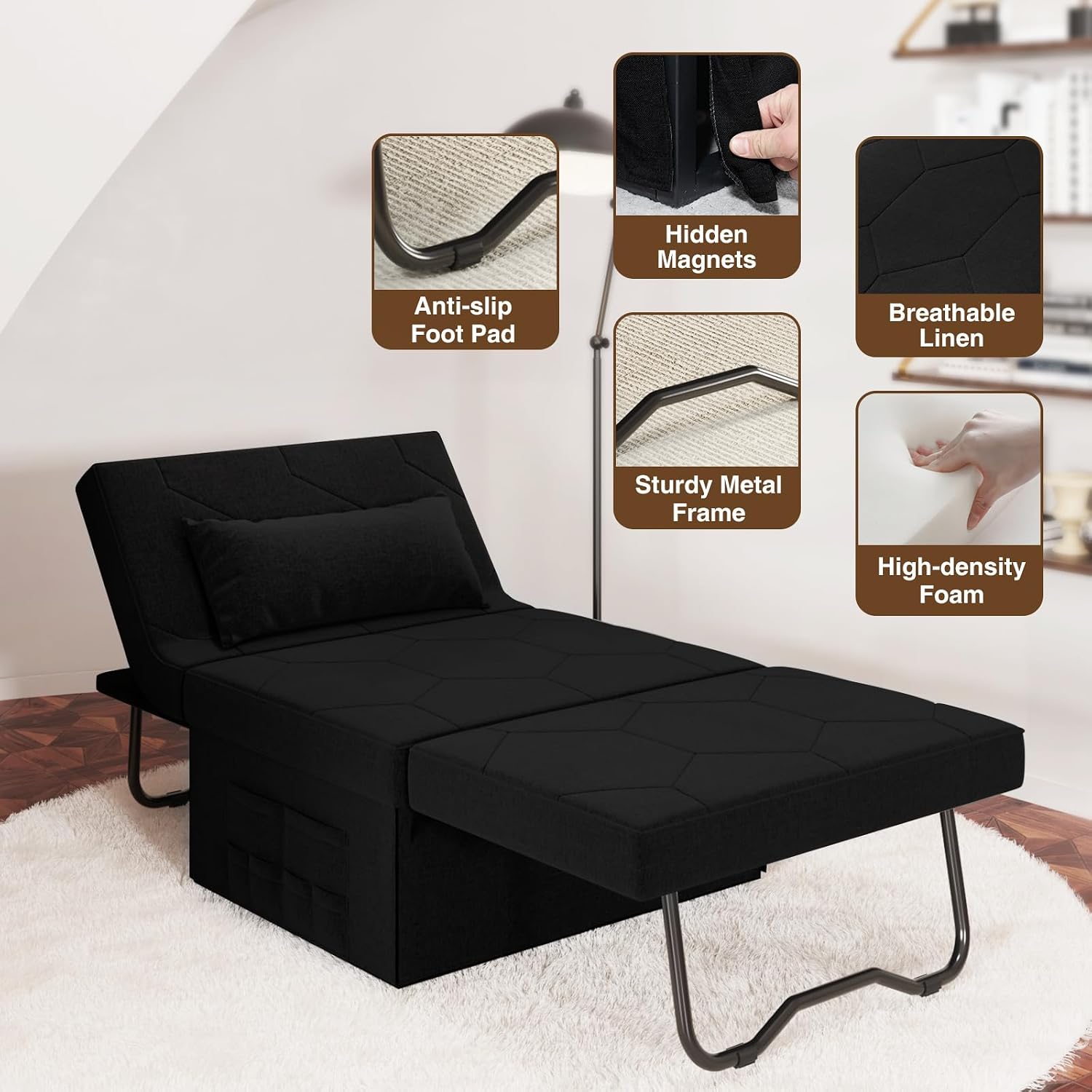 Black Linen 4-in-1 Sofa Bed Ottoman
