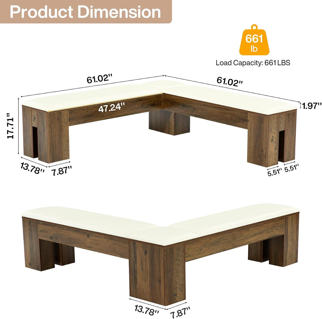 White Brown Farmhouse L Shaped Cushioned Nook Bench