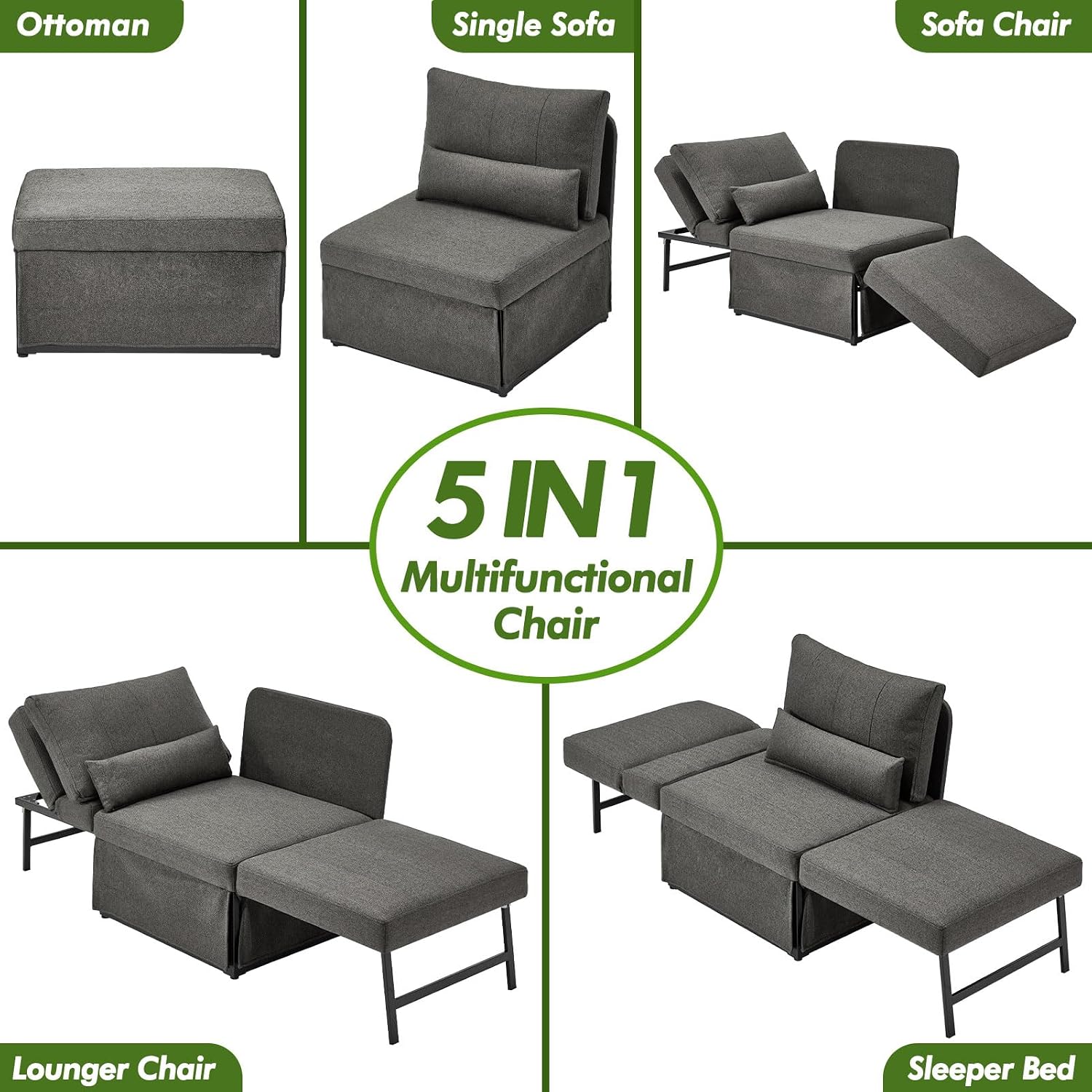 Dark Grey Linen 5-in-1 Sofa Bed