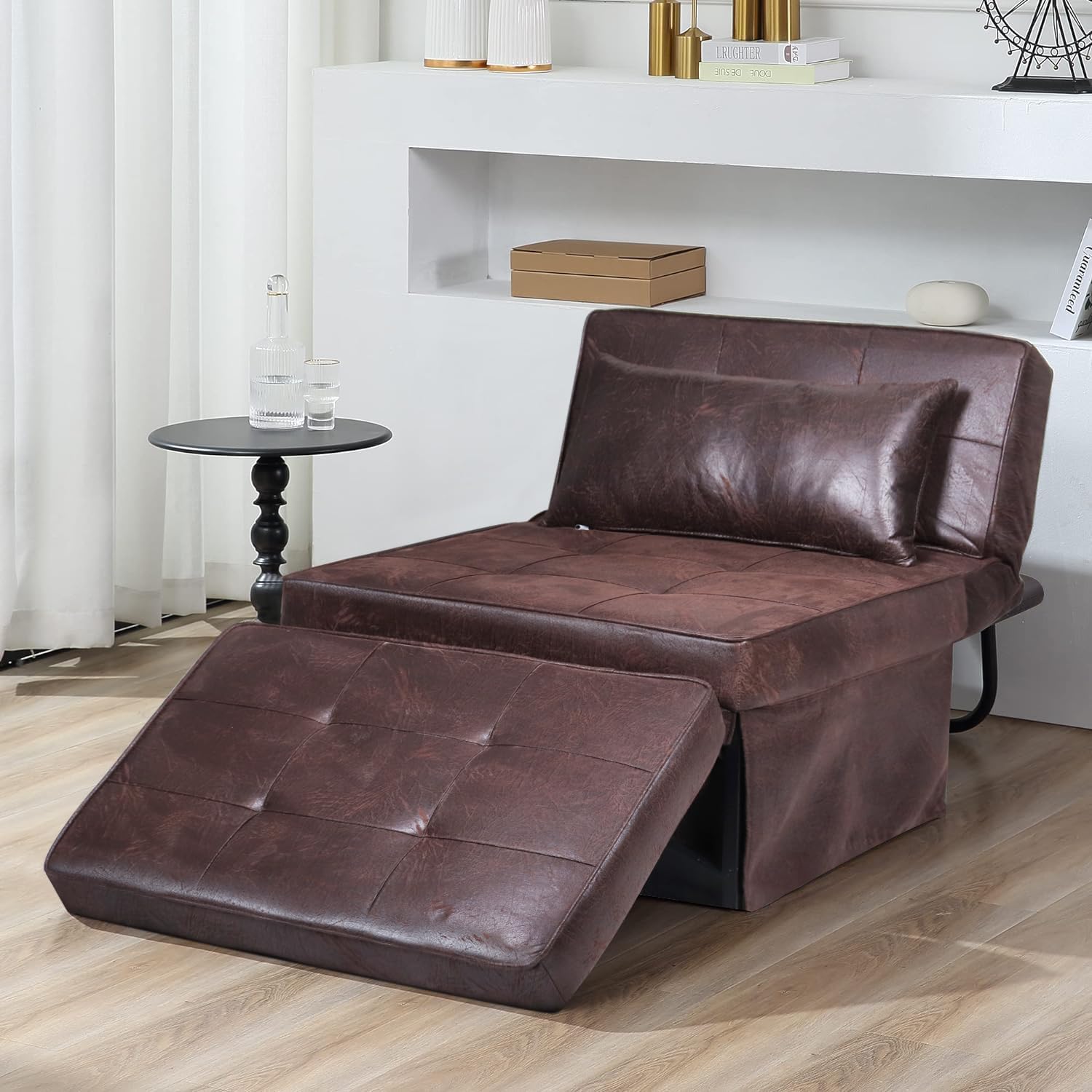 Brown PU 4-in-1 Convertible Sofa Bed