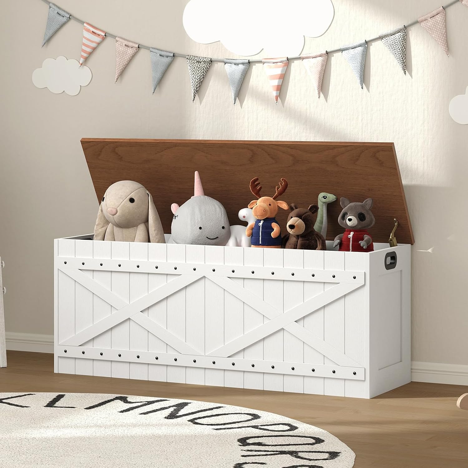 White Brown Riveted Wooden Storage Toy Chest Bench