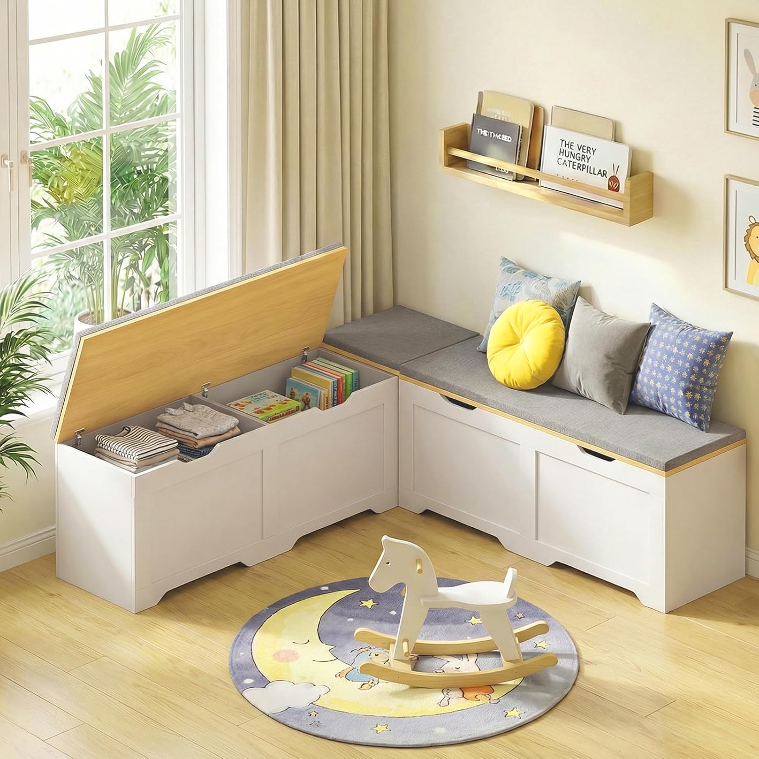 White Grey L Shaped Cushioned Storage Breakfast Nook Bench