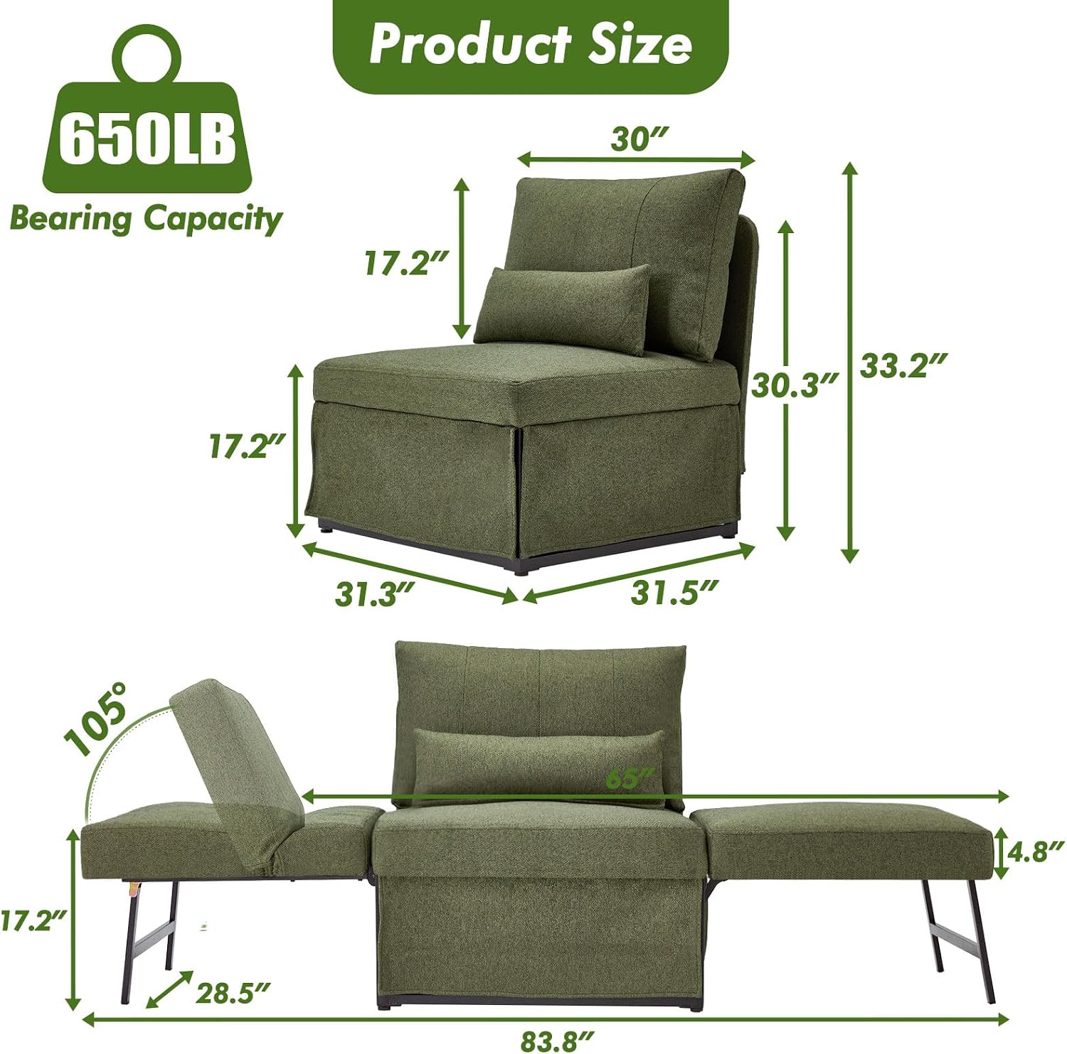 Deep Green 5-in-1 Linen Sofa Bed