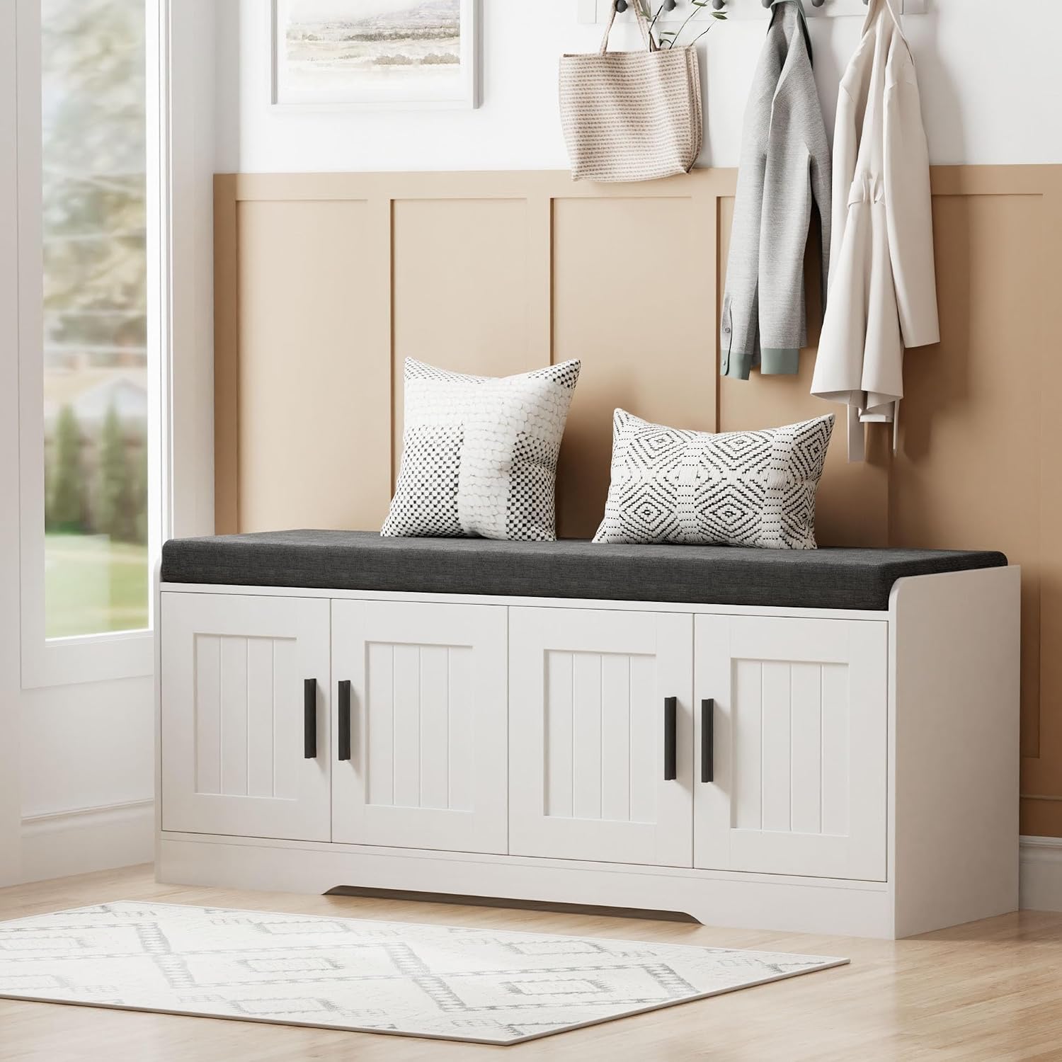 White Shoe Storage Bench With Padded Seat & 4 Doors