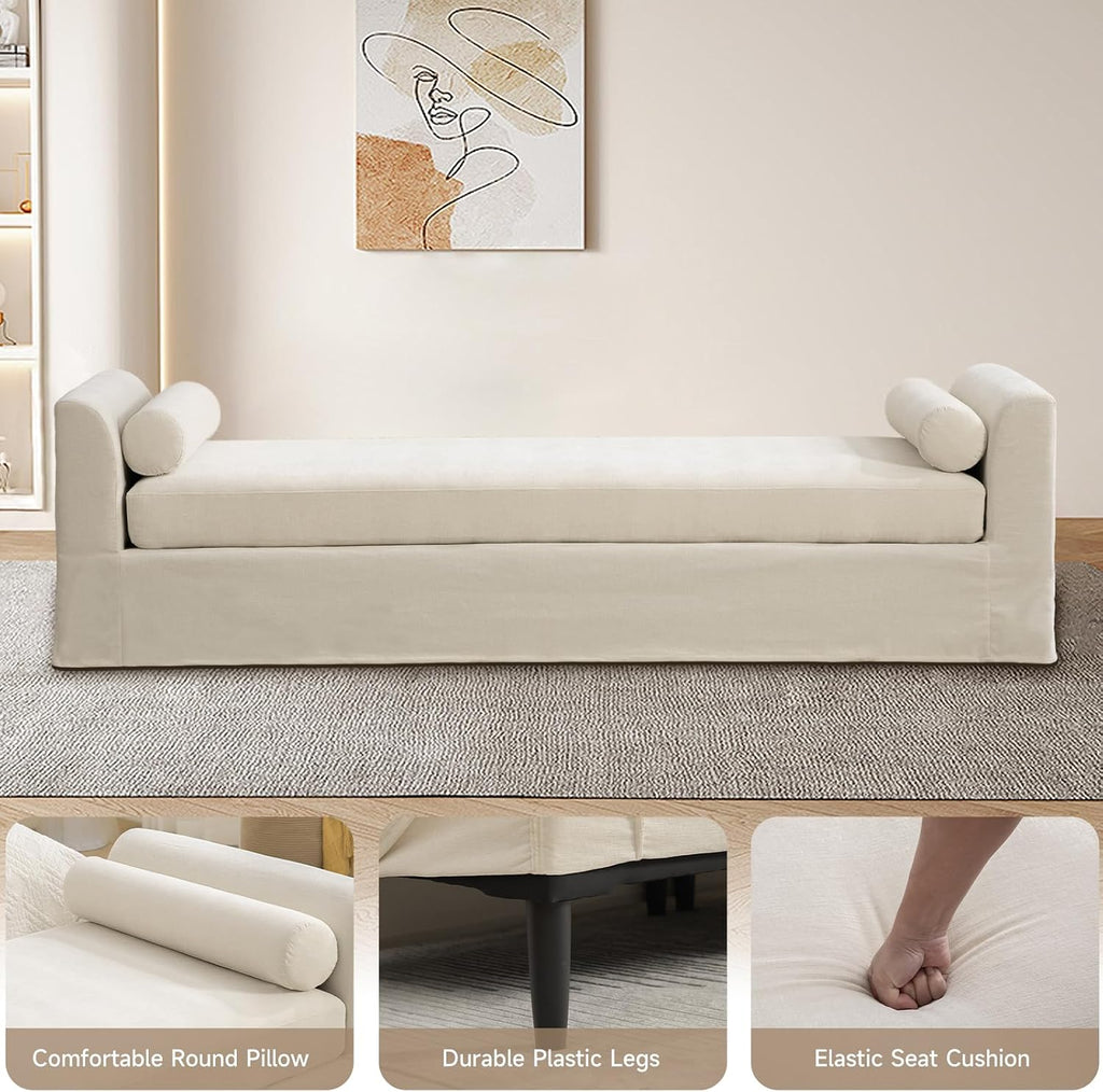 Beige Oversized Upholstered Chaise Lounge Bench