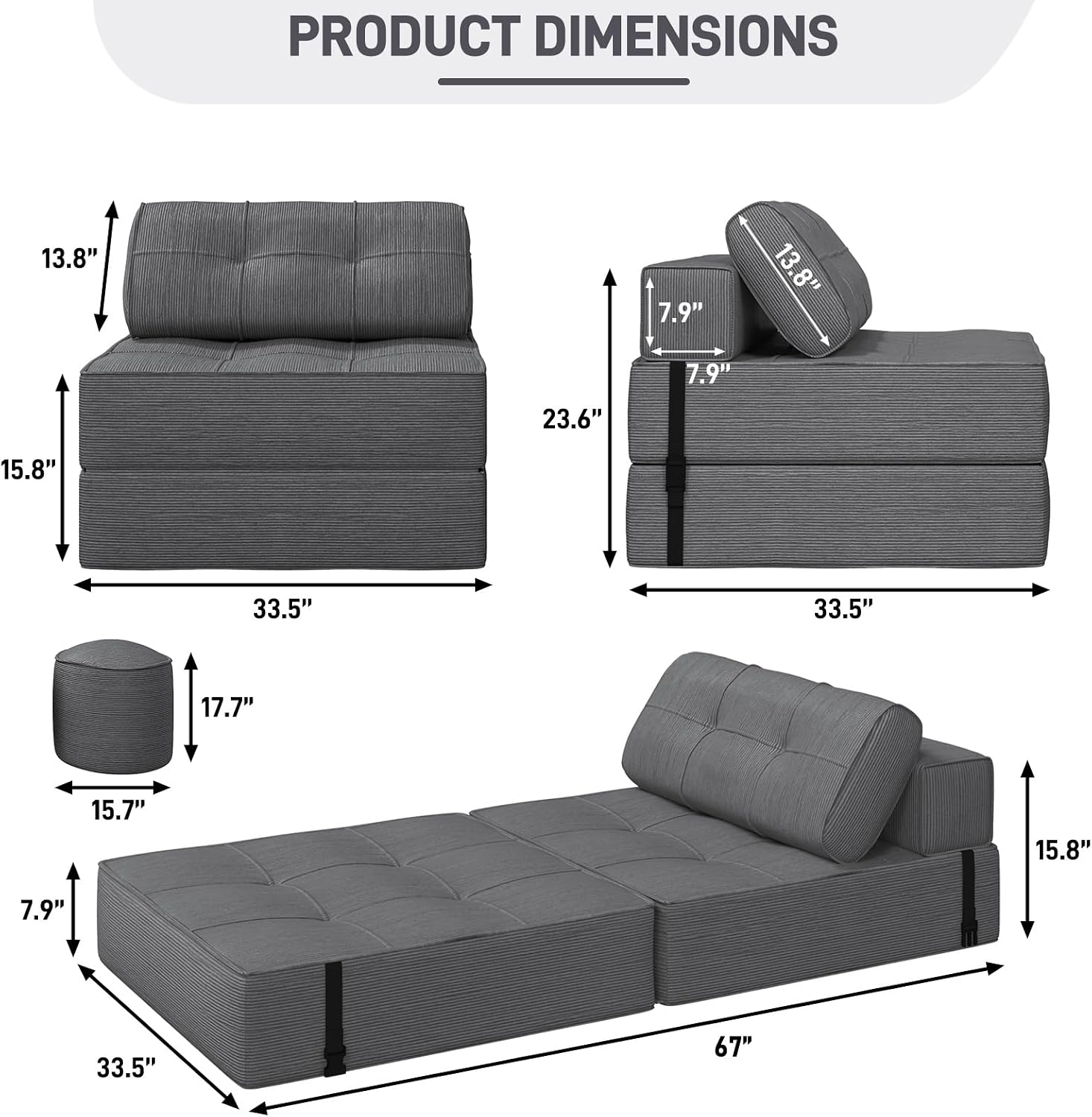 Gray Corduroy 3-in-1 Sofa Bed Ottoman