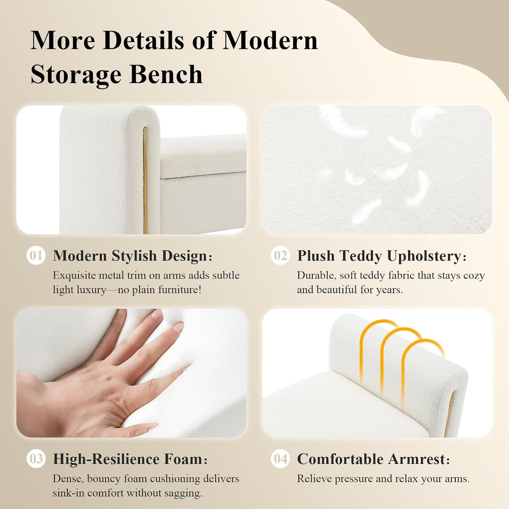 Cream Teddy Storage Ottoman Bench With Armrest