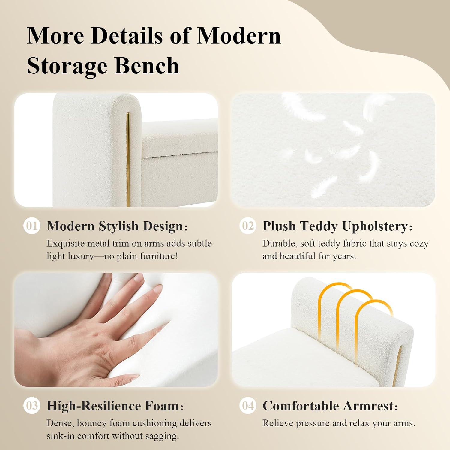Cream Teddy Storage Ottoman Bench With Armrest