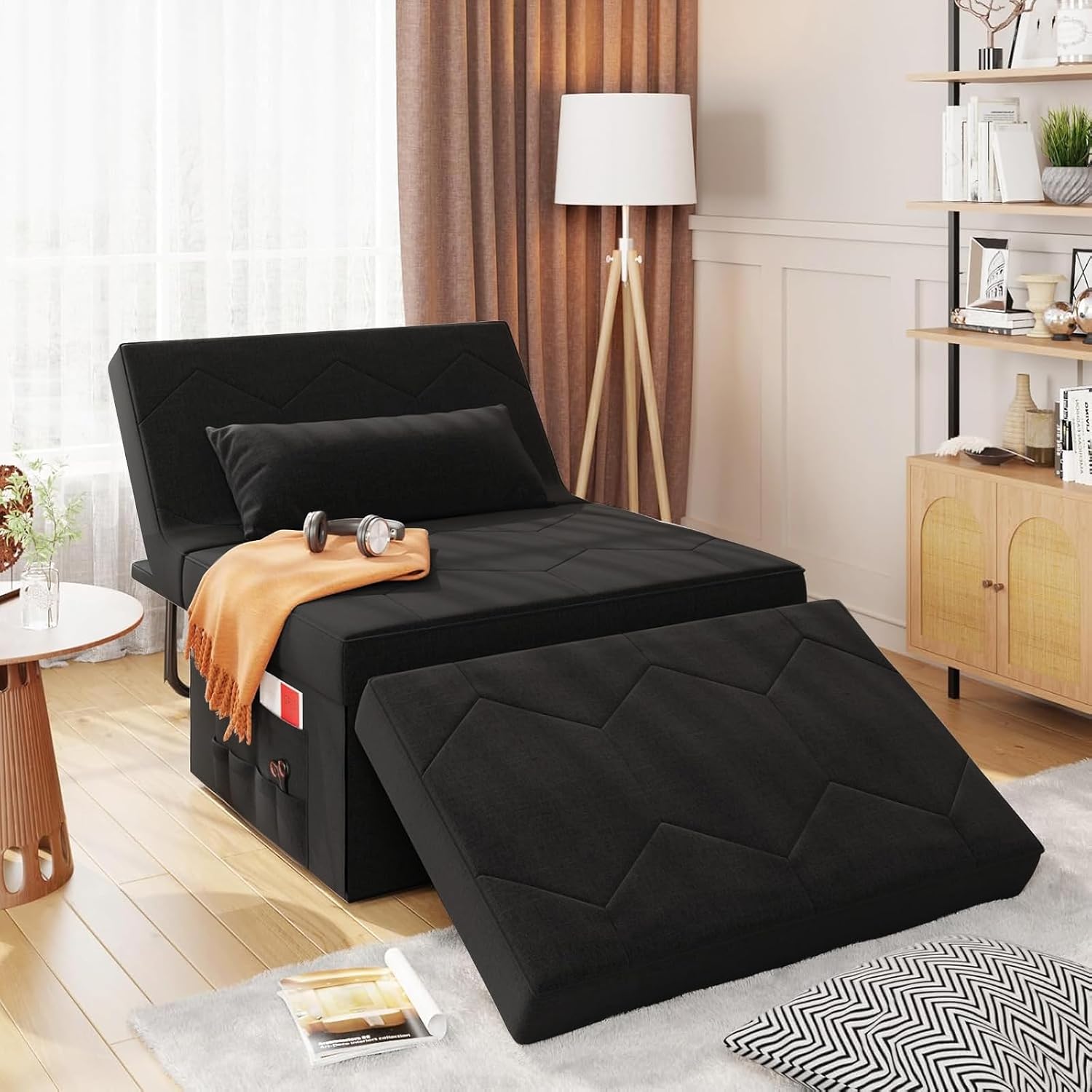 Black Linen 4-in-1 Sofa Bed Ottoman